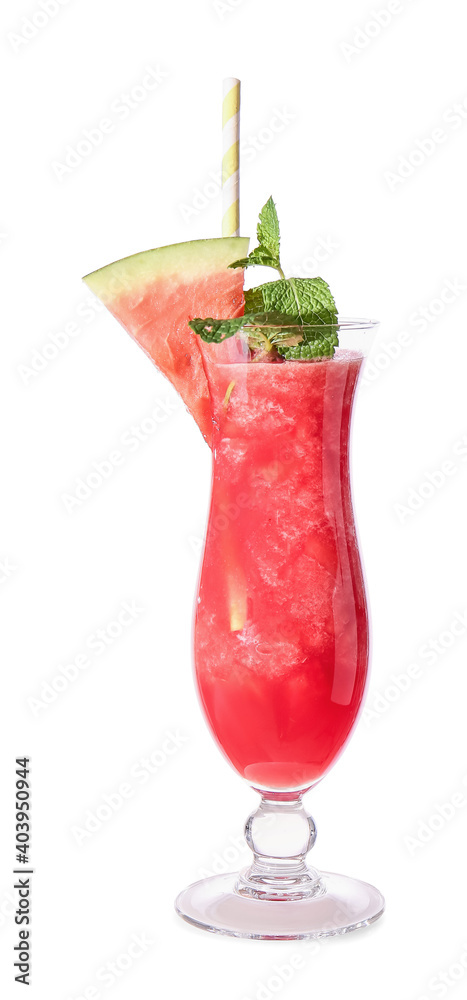 Glass of fresh watermelon juice and mint on white background