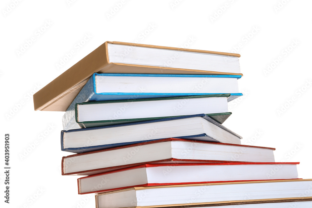 Stack of books on white background