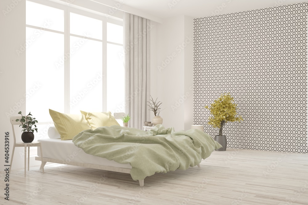 White bedroom interior. Scandinavian design. 3D illustration