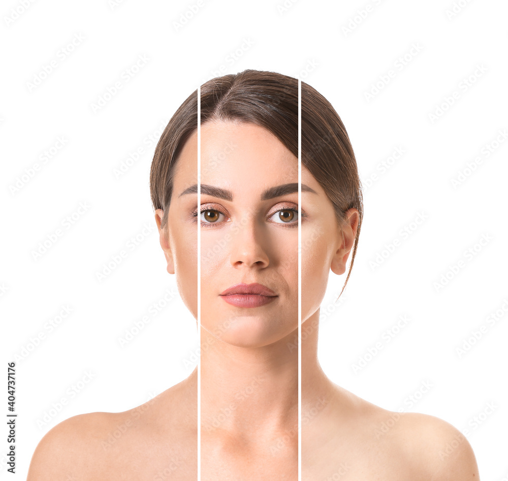 Portrait of beautiful young woman with different tones of skin on white background