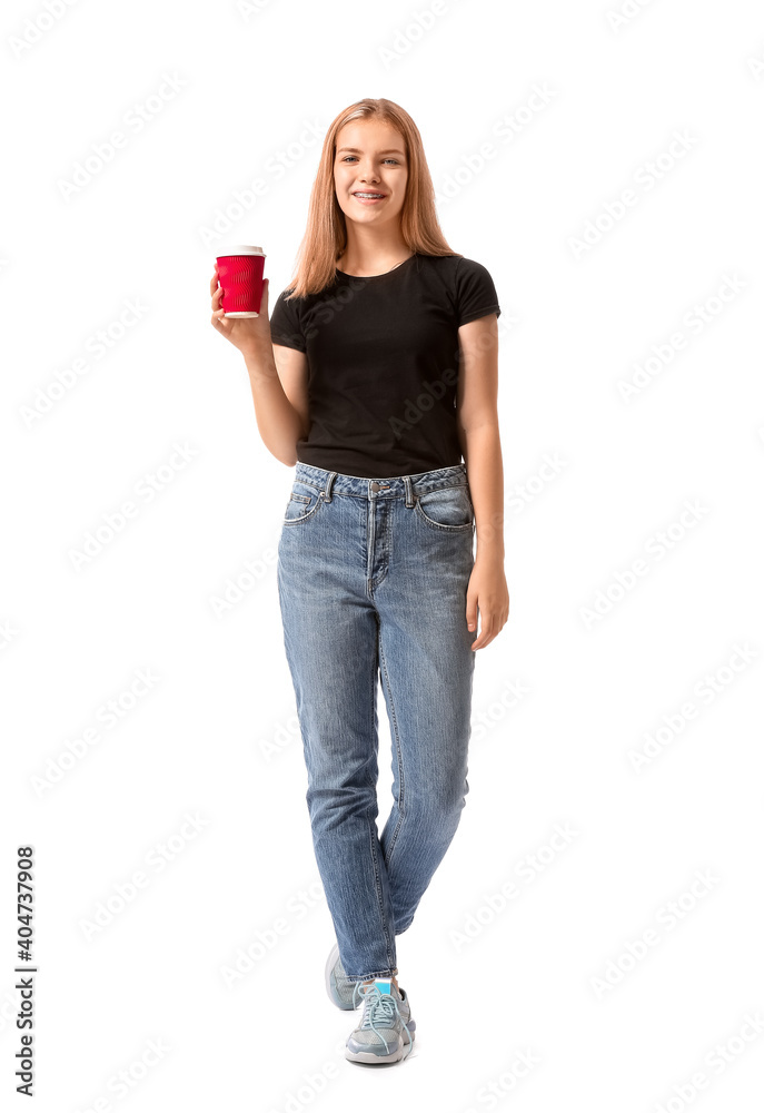 Portrait of beautiful young woman on white background