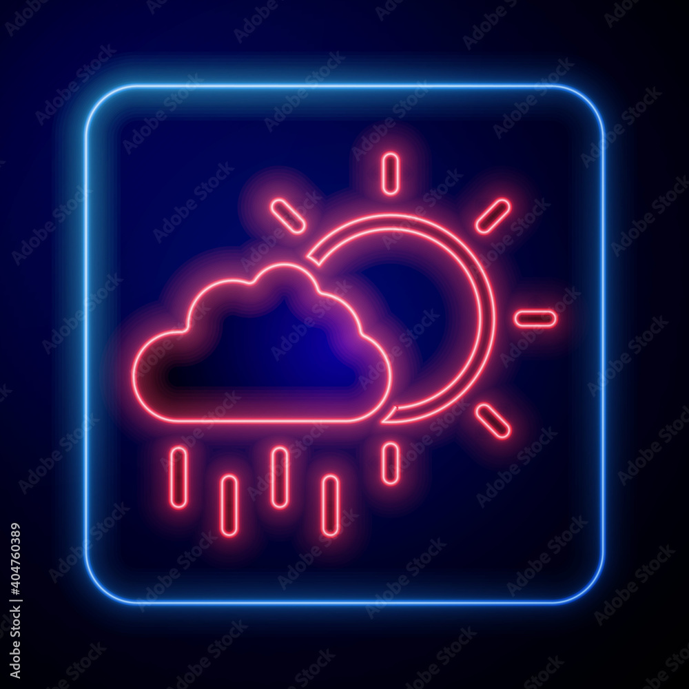 Glowing neon Cloud with rain and sun icon isolated on blue background. Rain cloud precipitation with