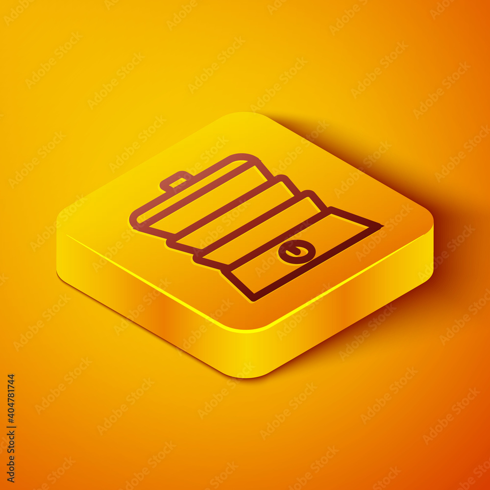 Isometric line Slow cooker icon isolated on orange background. Electric pan. Yellow square button. V