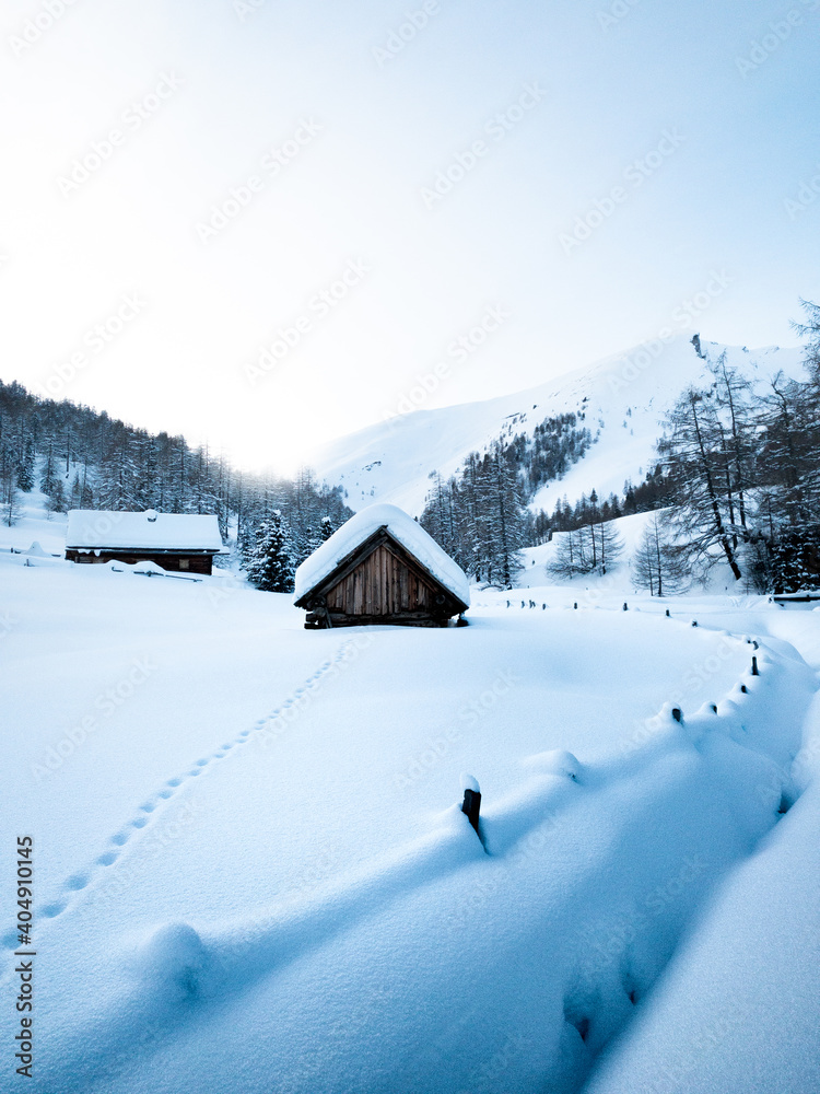 阿尔卑斯山田园诗般的冬季仙境山景全景图，旧tr有积雪