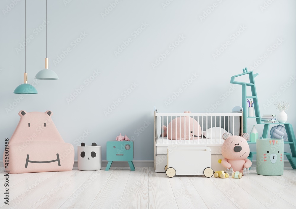 Mock up wall in the childrens room with pink sofa in light blue color wall background.