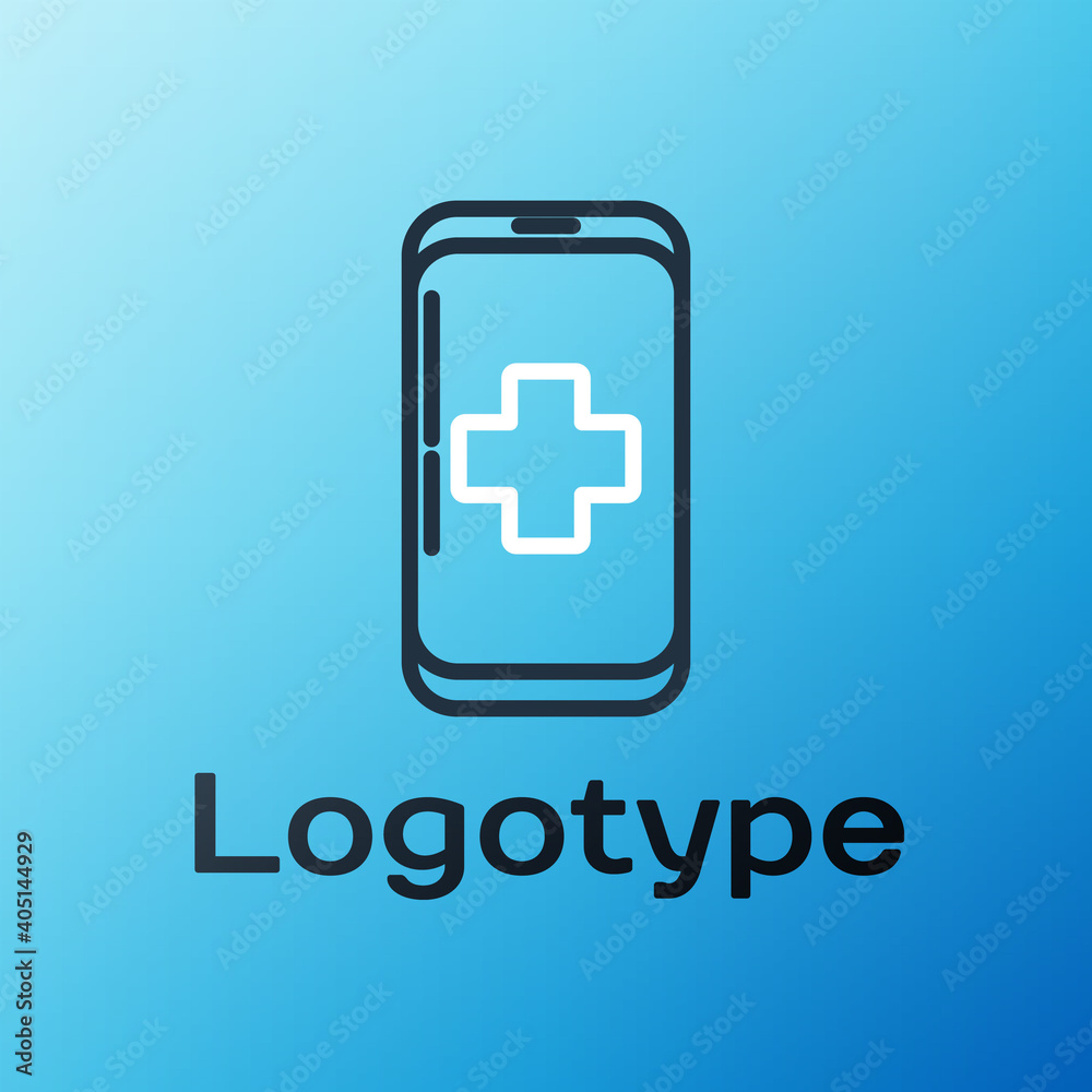 Line Emergency mobile phone call to hospital icon isolated on blue background. Colorful outline conc