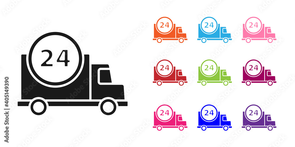 黑色通过隔离在白色背景上的汽车图标进行全天候快速交付。将图标设置为彩色。Ve