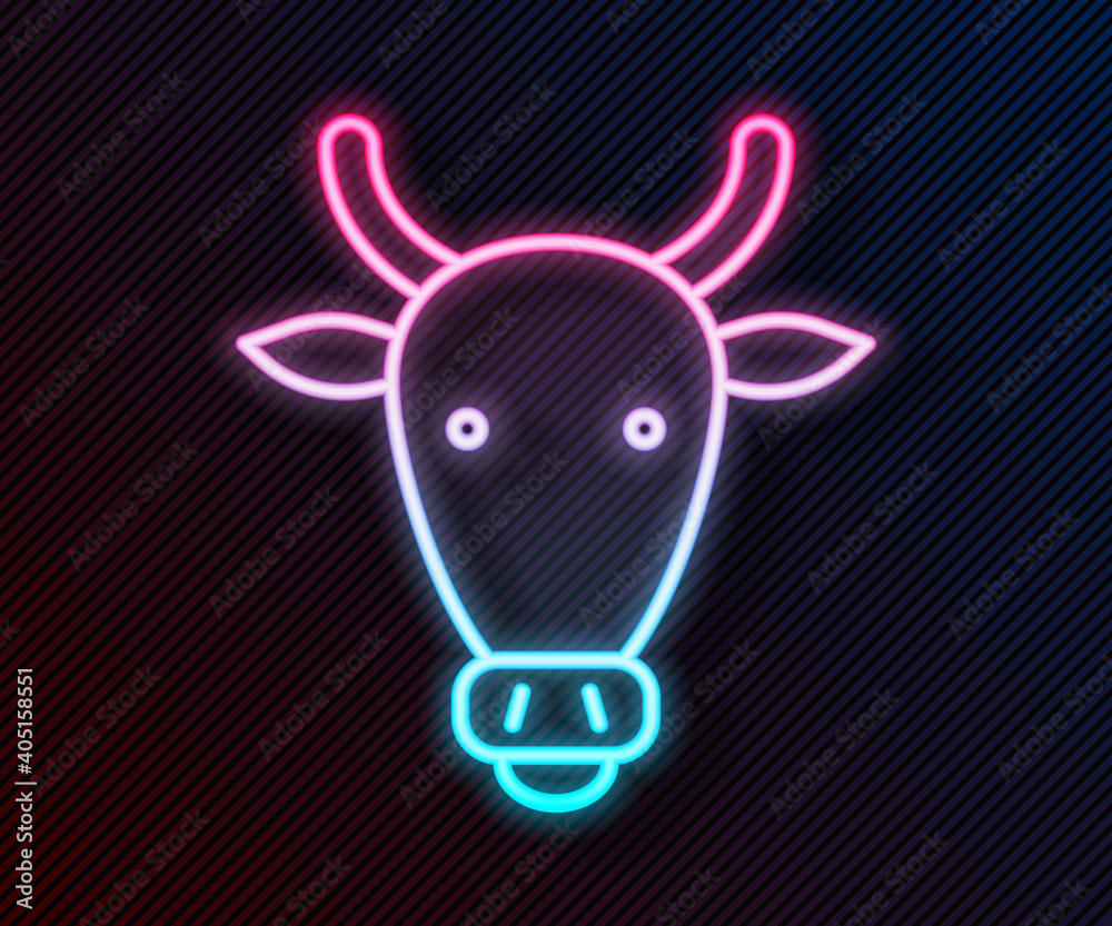 Glowing neon line Cow head icon isolated on black background. Vector.