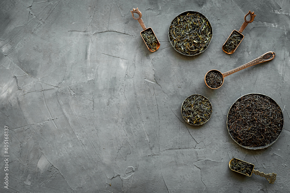 Set of dry leaf tea, overhead view. Asian tea concept