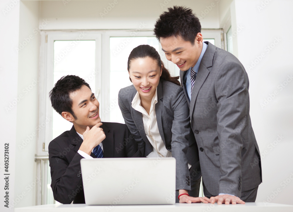 Group of businesspeople discussing working on computer