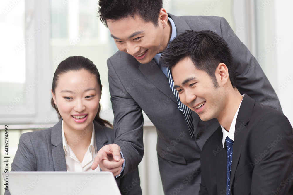 Group of businesspeople discussing working on computer