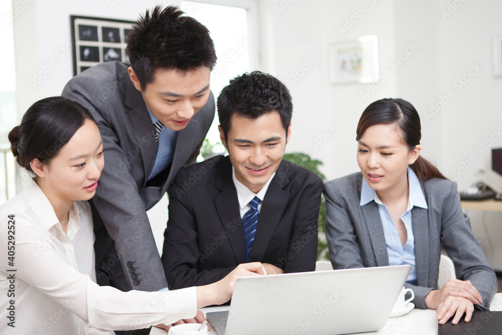 Group of businesspeople discussing working on computer