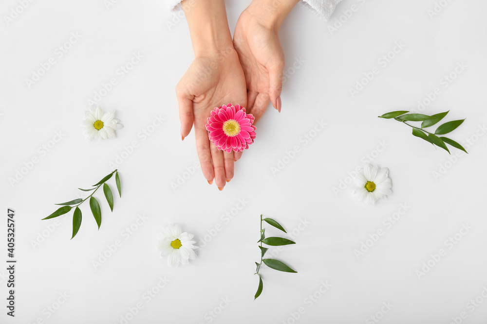 浅色背景下有美丽花朵和树叶的女性双手