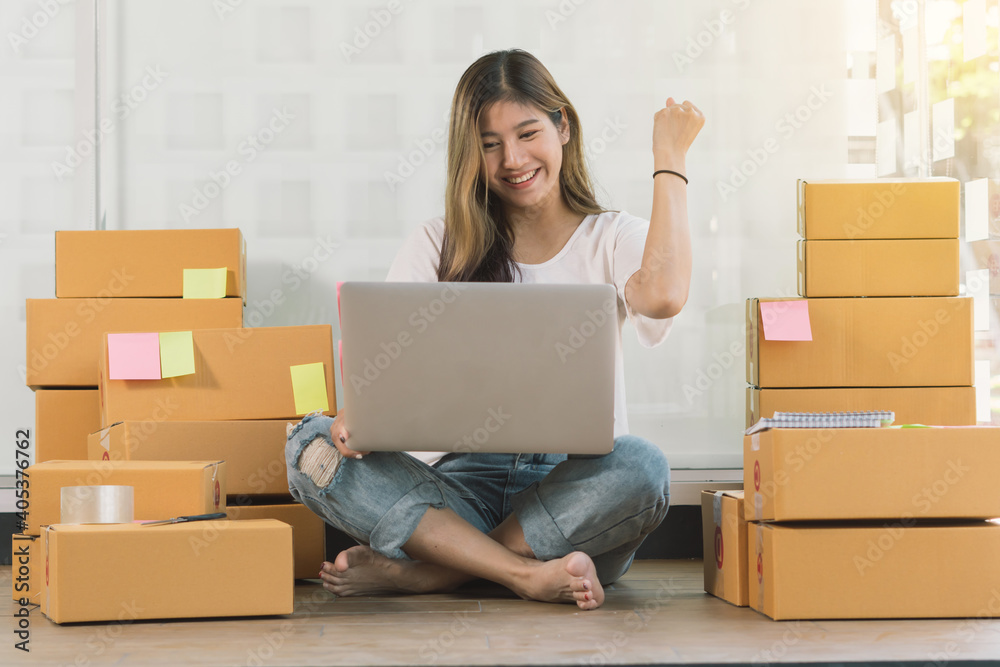 Successful Woman Entrepreneur With Parcel Boxes In Her Own Job Shopping Online Business At Home