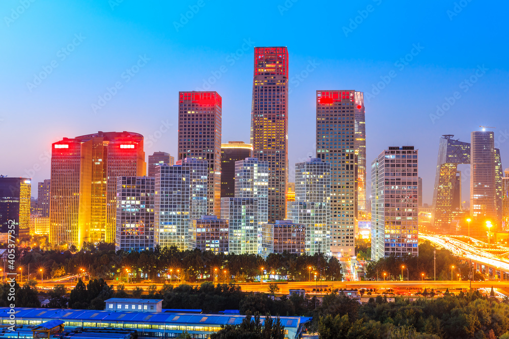 Modern city skyline and buildings in Beijing at night,China.