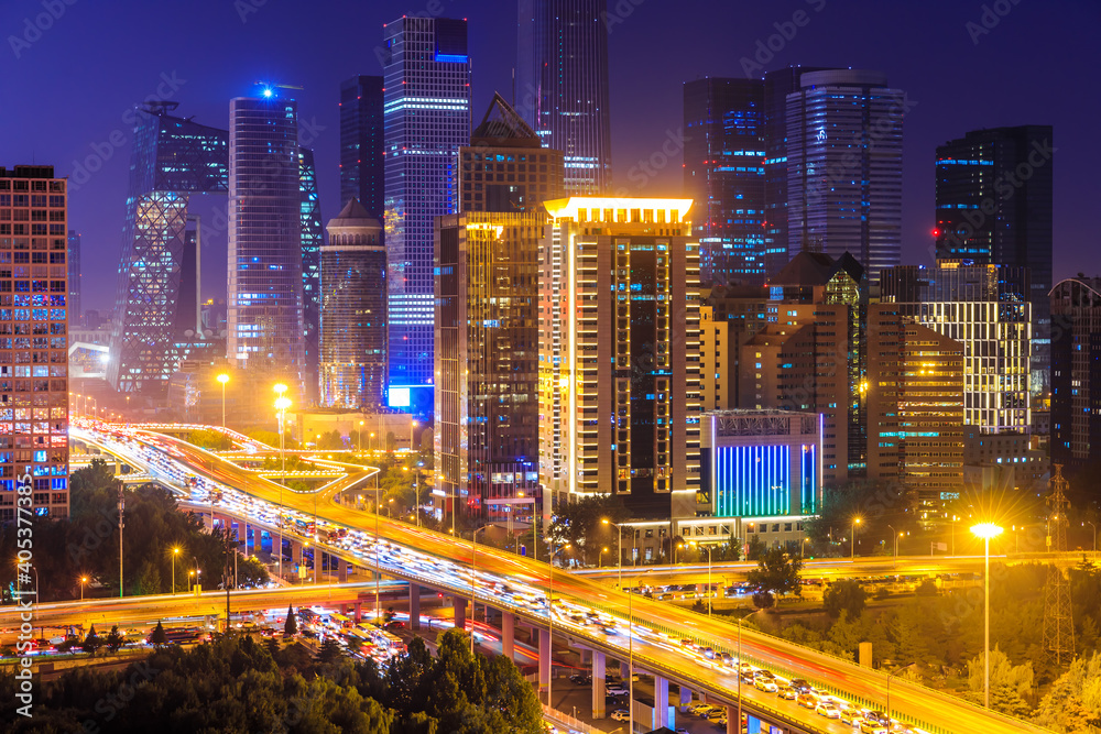 Modern city skyline and buildings in Beijing at night,China.