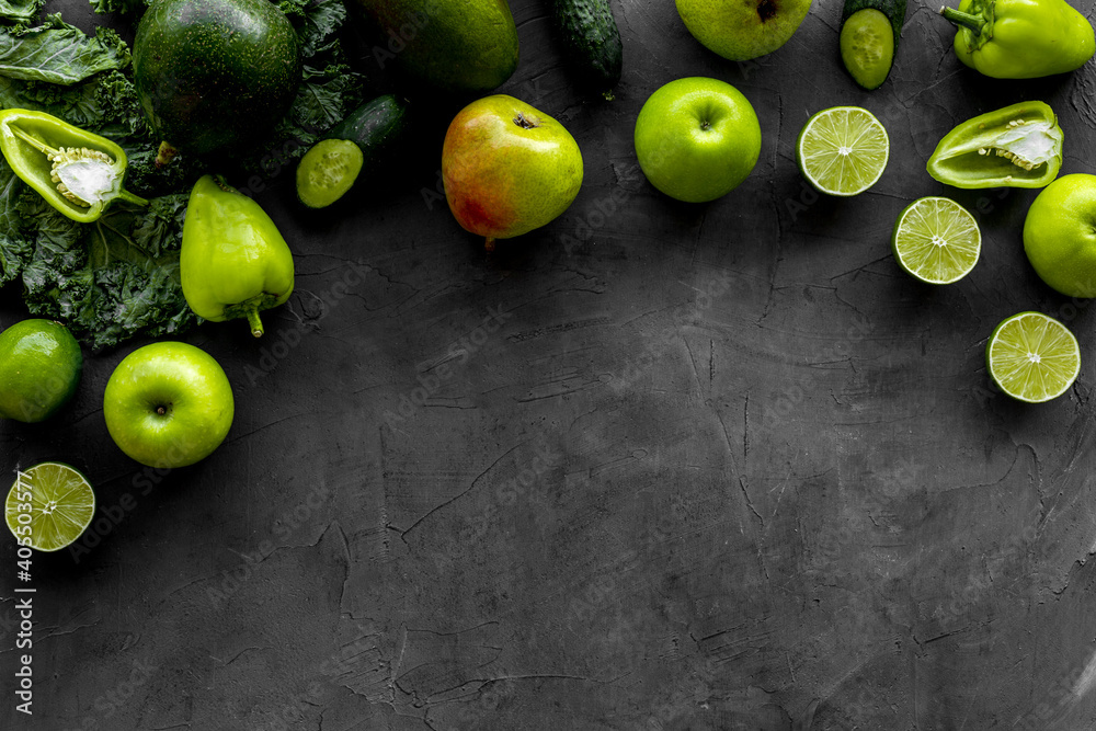 Frame of vegetarian food - green vegetables: cucumbers, broccoli, avocado