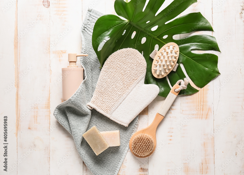 Composition with bath accessories on wooden background