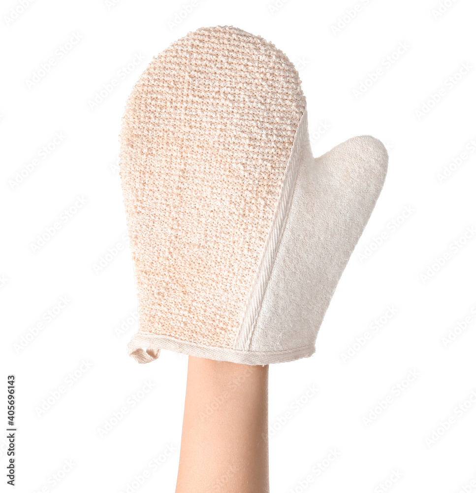 Female hand with massage glove isolated on white background