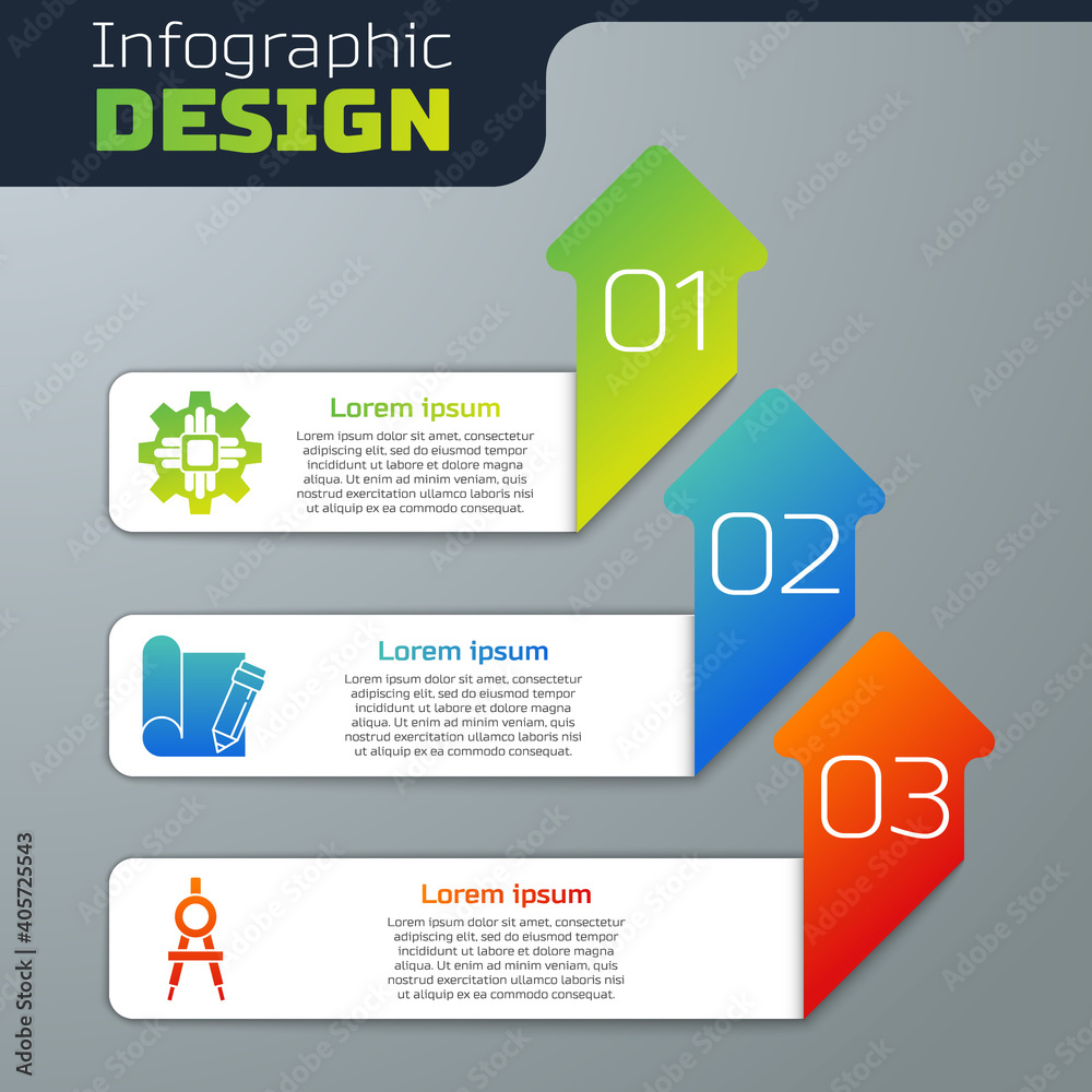 设置处理器，绘图纸和铅笔以及绘图指南针。商业信息图模板。矢量。
