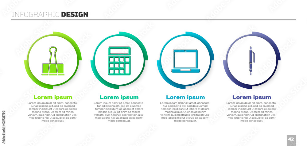 Set Binder clip, Calculator, Laptop and Pen. Business infographic template. Vector.