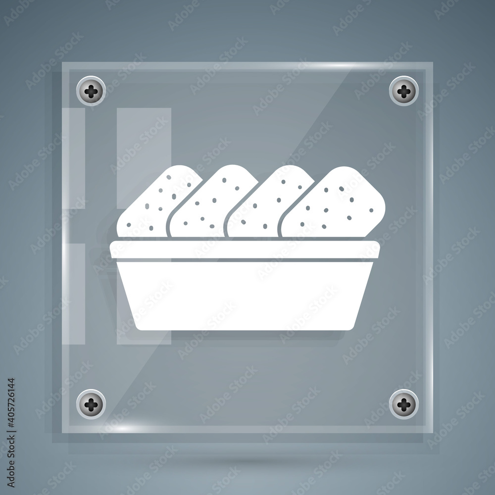 White Chicken nuggets in box icon isolated on grey background. Square glass panels. Vector Illustrat