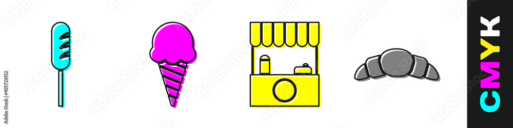 设置炸香肠、华夫饼冰淇淋、带遮阳篷和羊角面包图标的街头摊位。矢量。