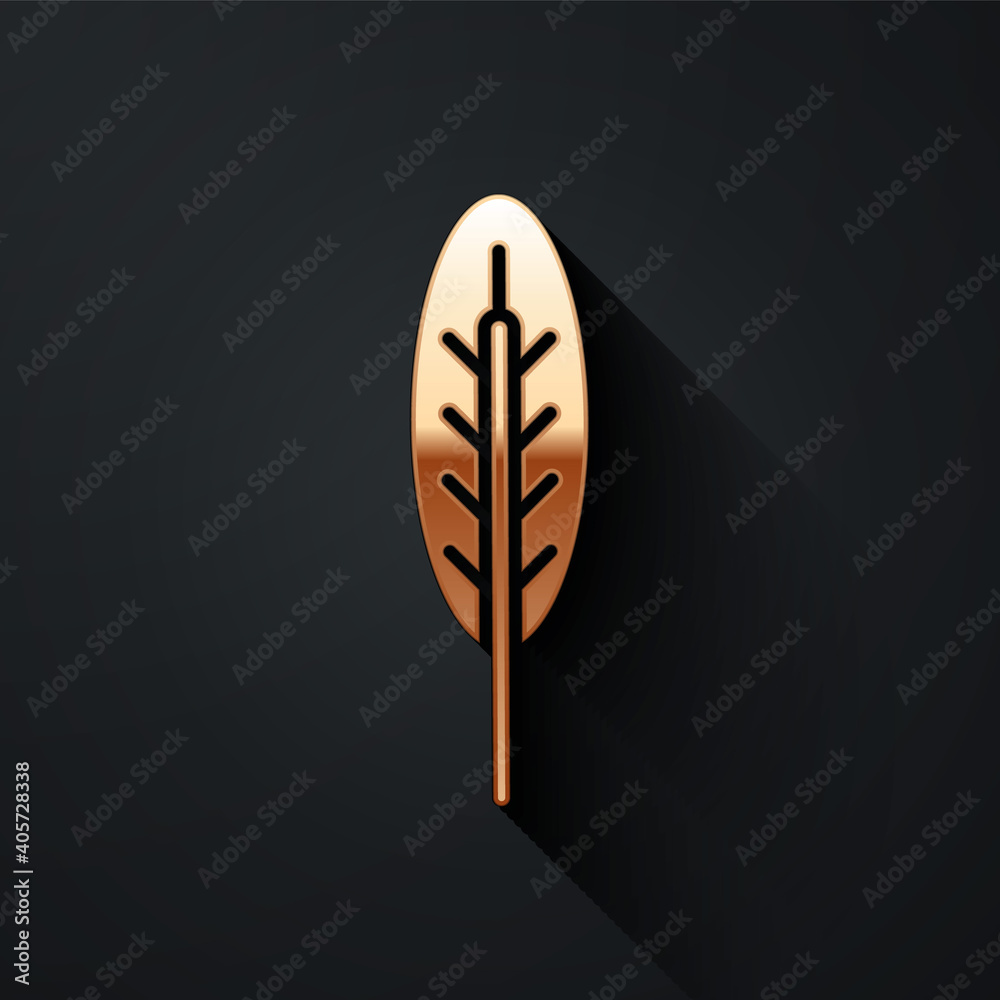 Gold Indian feather icon isolated on black background. Native american ethnic symbol feather. Long s