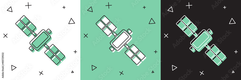 将卫星图标隔离在白色和绿色、黑色背景上。矢量。