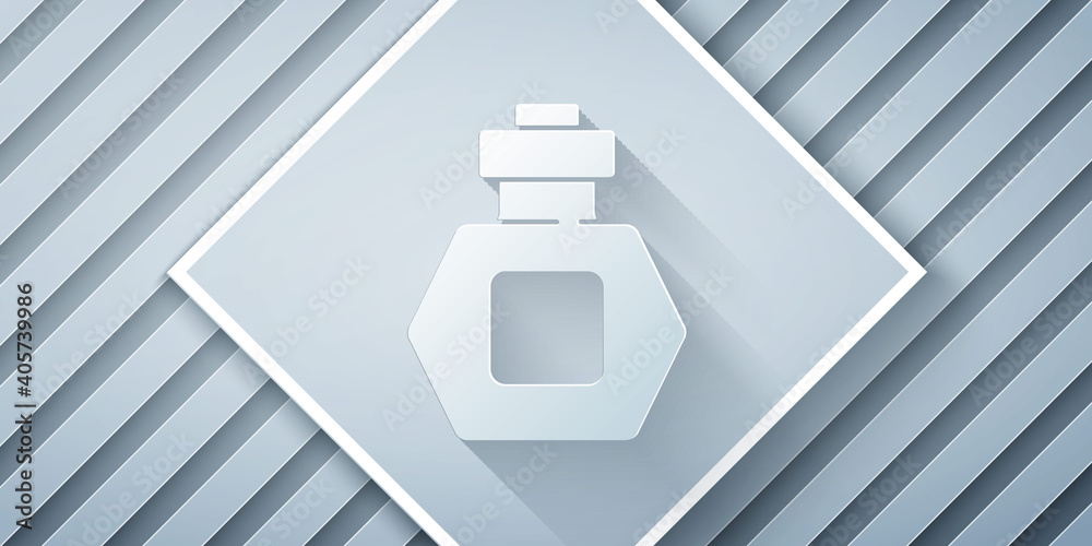 Paper cut Perfume icon isolated on grey background. Paper art style. Vector.