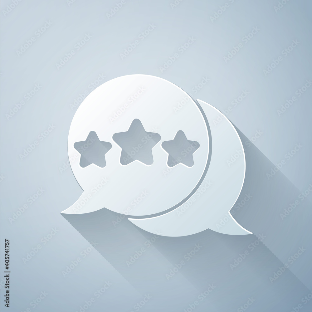 Paper cut Five stars customer product rating review icon isolated on grey background. Favorite, best