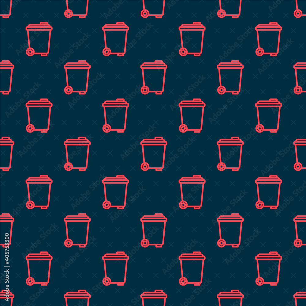 Red line Trash can icon isolated seamless pattern on black background. Garbage bin sign. Recycle bas