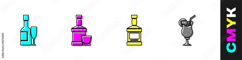 设置香槟酒瓶和玻璃杯、威士忌和鸡尾酒图标。矢量。