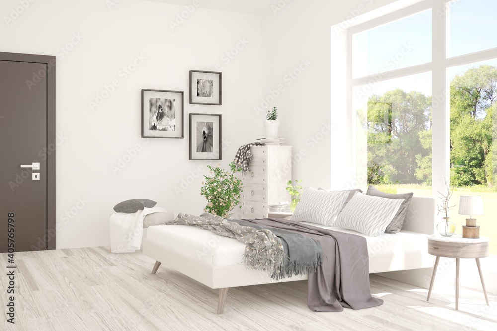 Stylish bedroom in white color with summer landscape in window. Scandinavian interior design. 3D ill