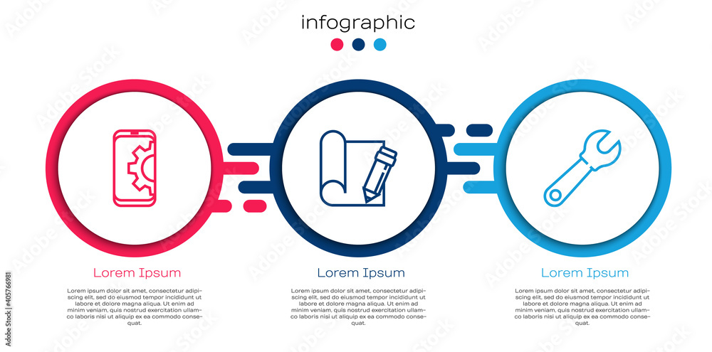 Set line Setting on smartphone, Graphing paper and pencil and Wrench spanner. Business infographic t