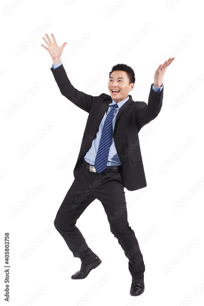 Portrait of young businessman yelling,standing in white background 