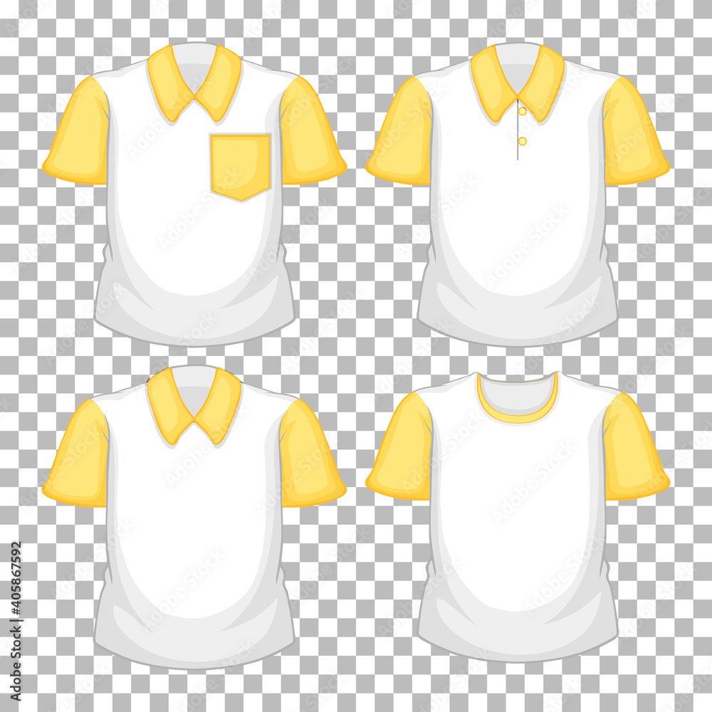 Set of different shirts with yellow sleeves isolated on transparent background