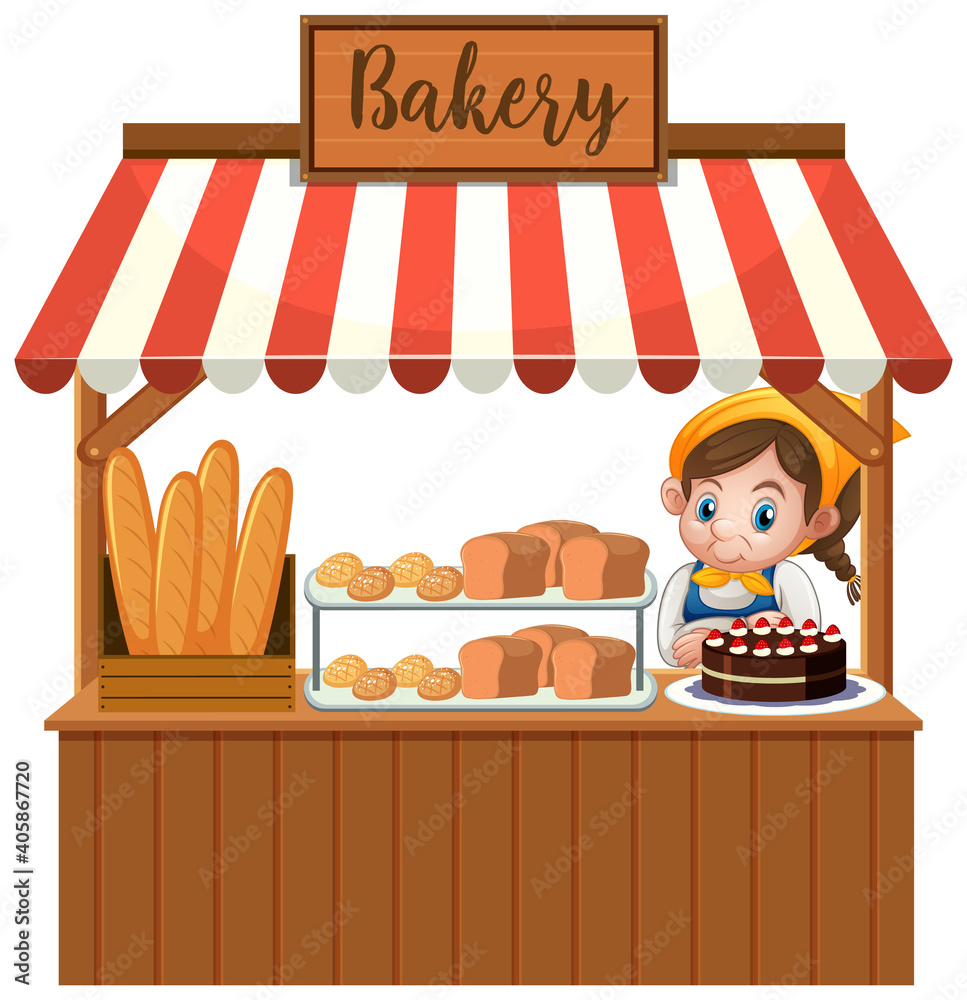 Front of bakery shop with baker isolated on white background