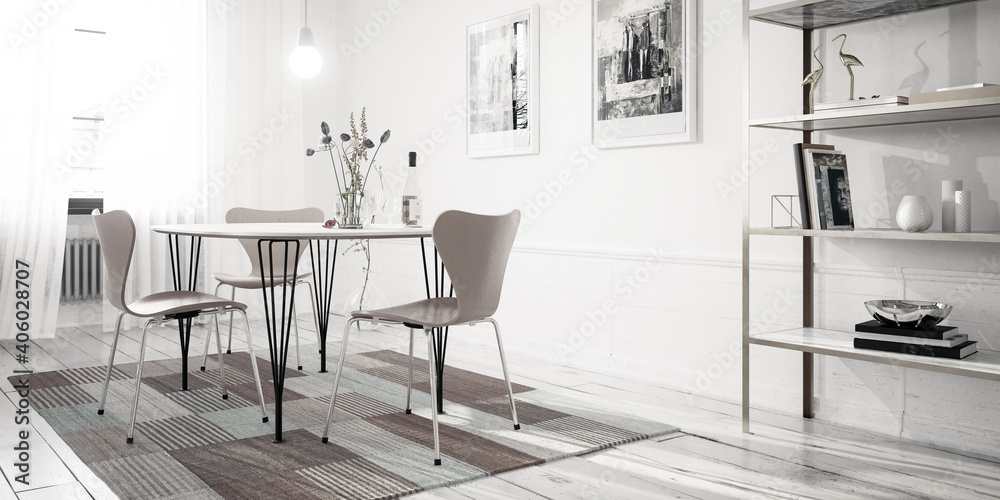 Simple Dinning Room Furniture Design - panoramic black and white 3D Visualization