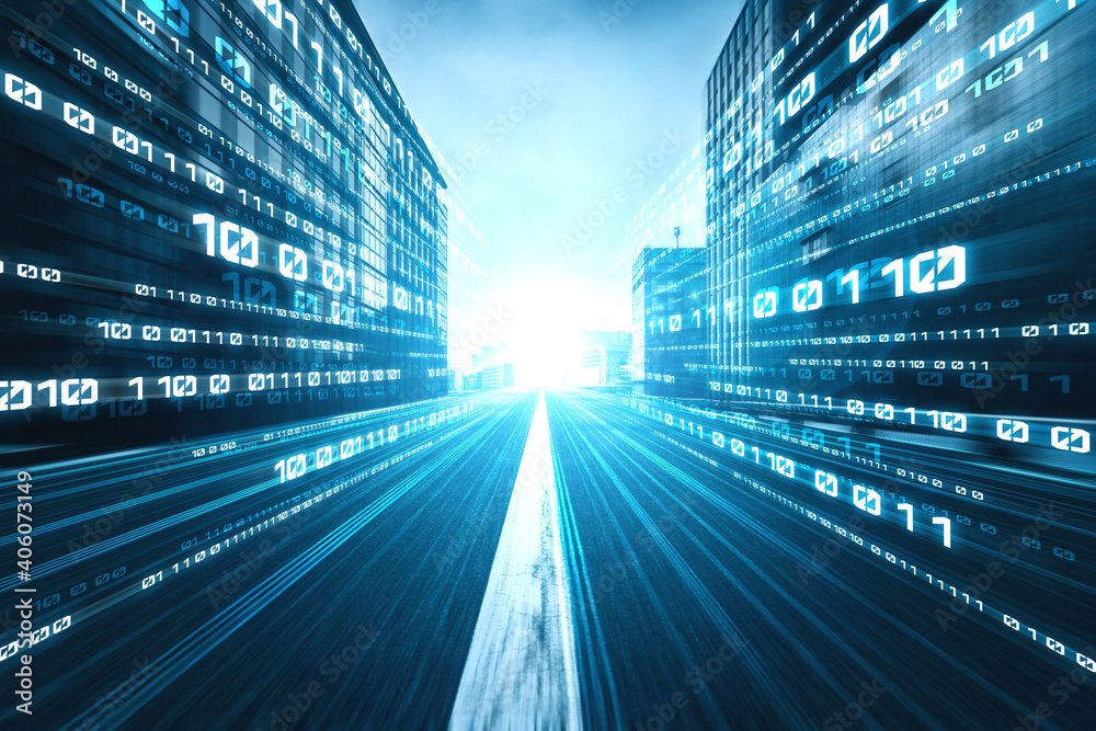Digital data flow on road with motion blur to create vision of fast speed transfer . Concept of futu