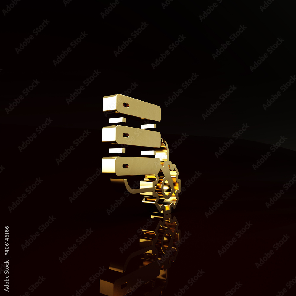 Gold Server and gear icon isolated on brown background. Adjusting app, service concept, setting opti