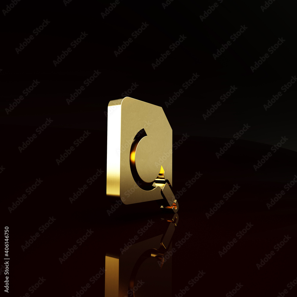 Gold Search concept with folder icon isolated on brown background. Magnifying glass and document. Da