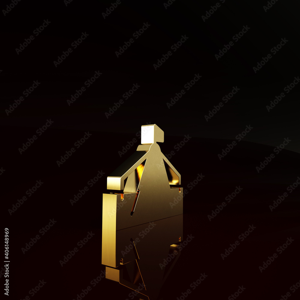 Gold Tourist tent icon isolated on brown background. Camping symbol. Minimalism concept. 3d illustra