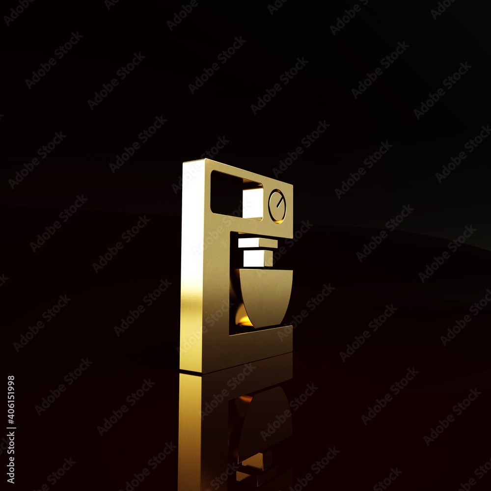 Gold Electric mixer icon isolated on brown background. Kitchen blender. Minimalism concept. 3d illus