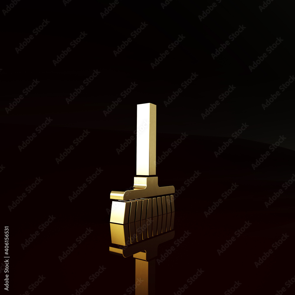 Gold Handle broom icon isolated on brown background. Cleaning service concept. Minimalism concept. 3