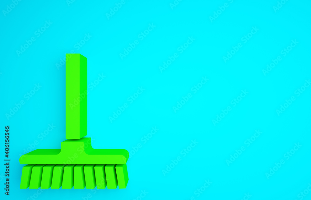 Green Handle broom icon isolated on blue background. Cleaning service concept. Minimalism concept. 3