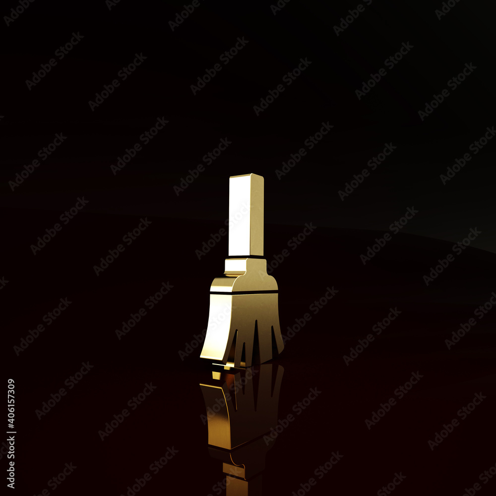 Gold Feather broom for cleaning icon isolated on brown background. Feather duster. Minimalism concep