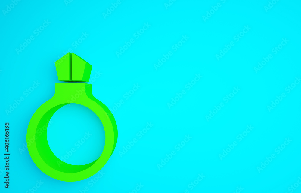 Green Fantasy magic stone ring with gem icon isolated on blue background. Minimalism concept. 3d ill