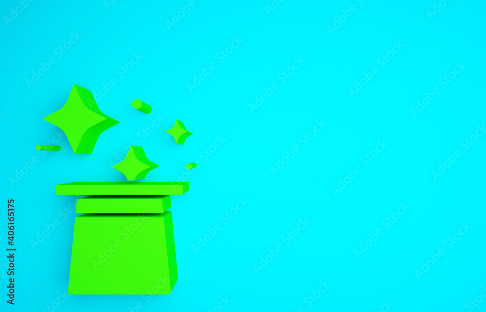 Green Magic hat icon isolated on blue background. Magic trick. Mystery entertainment concept. Minima