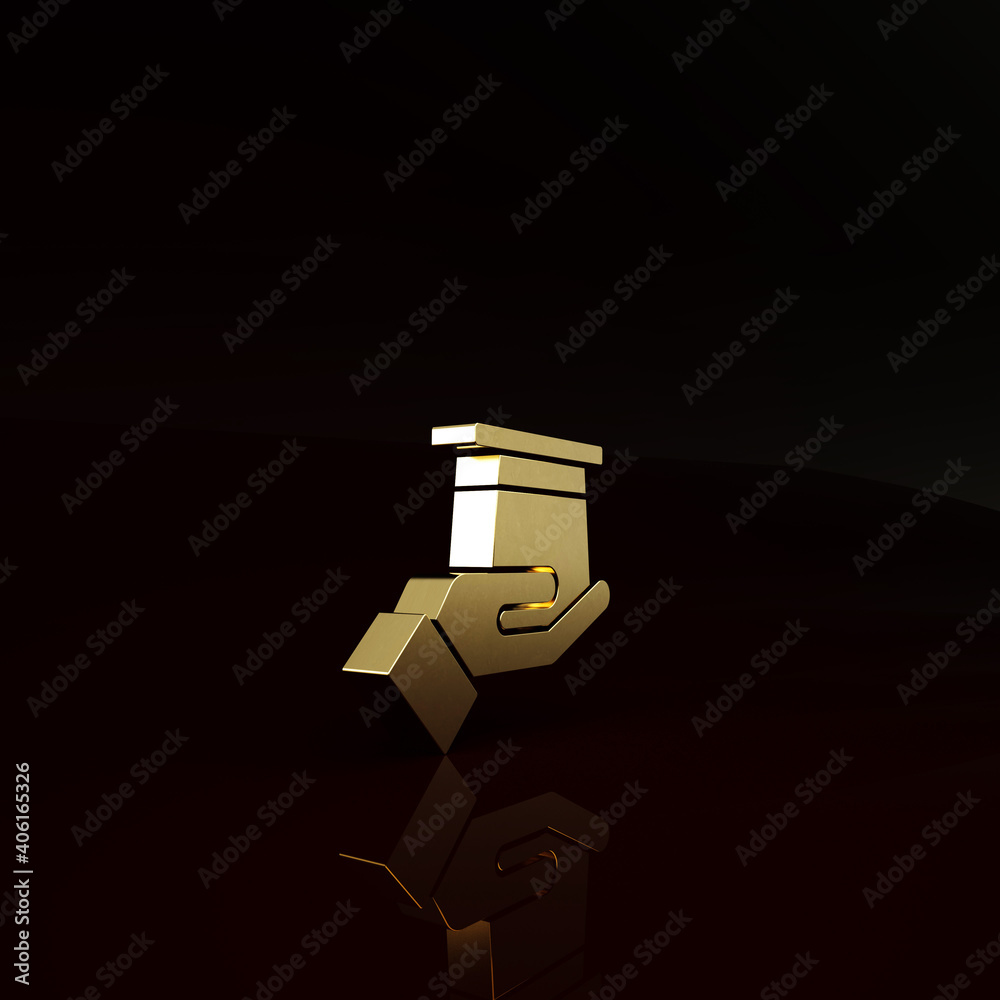 Gold Magician hat in hand icon isolated on brown background. Magic trick. Mystery entertainment conc